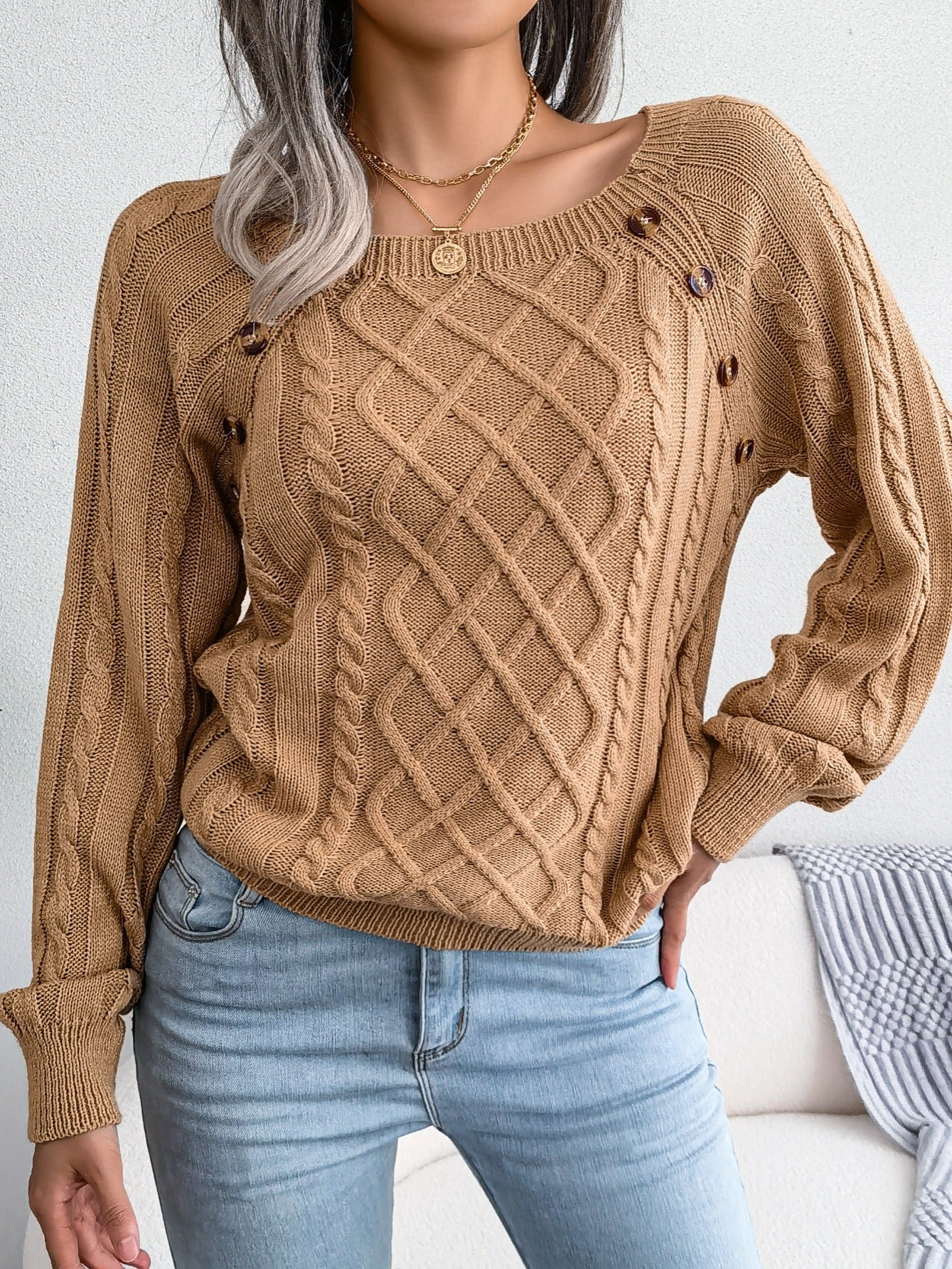 Women's Round Neck Sweater-Texture Button