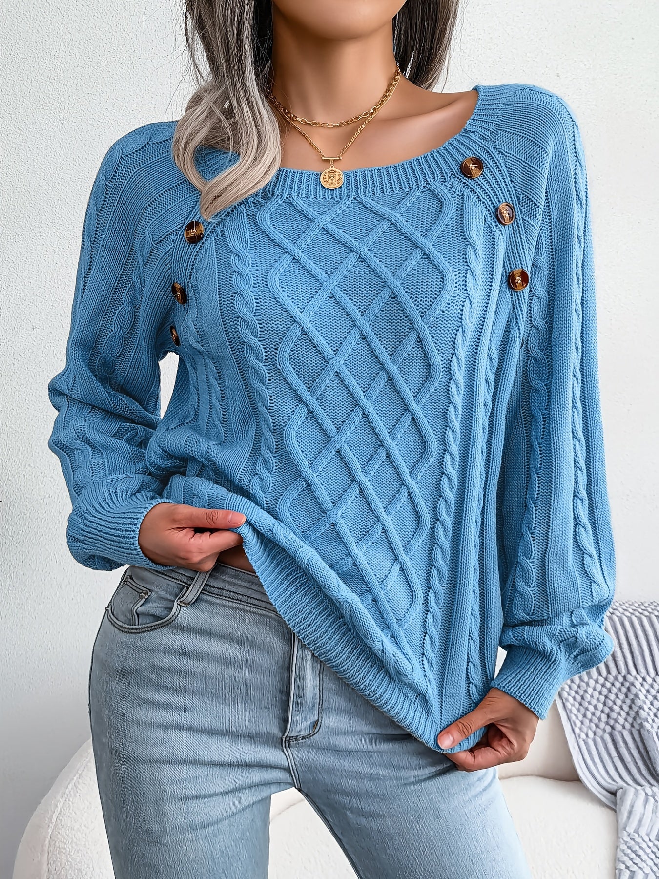 Women's Round Neck Sweater-Texture Button