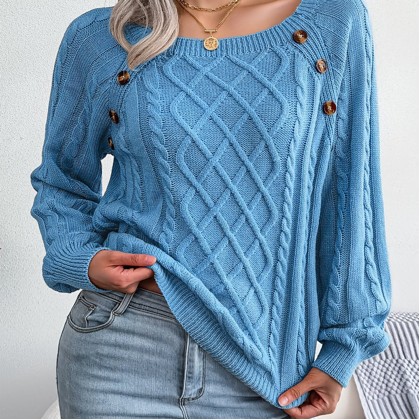 Women's Round Neck Sweater-Texture Button