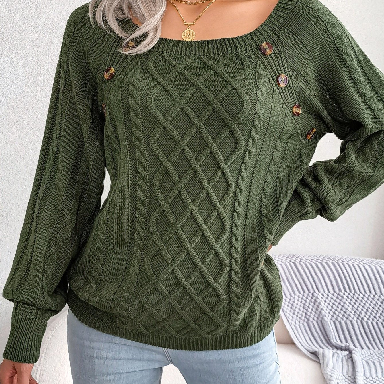 Women's Round Neck Sweater-Texture Button