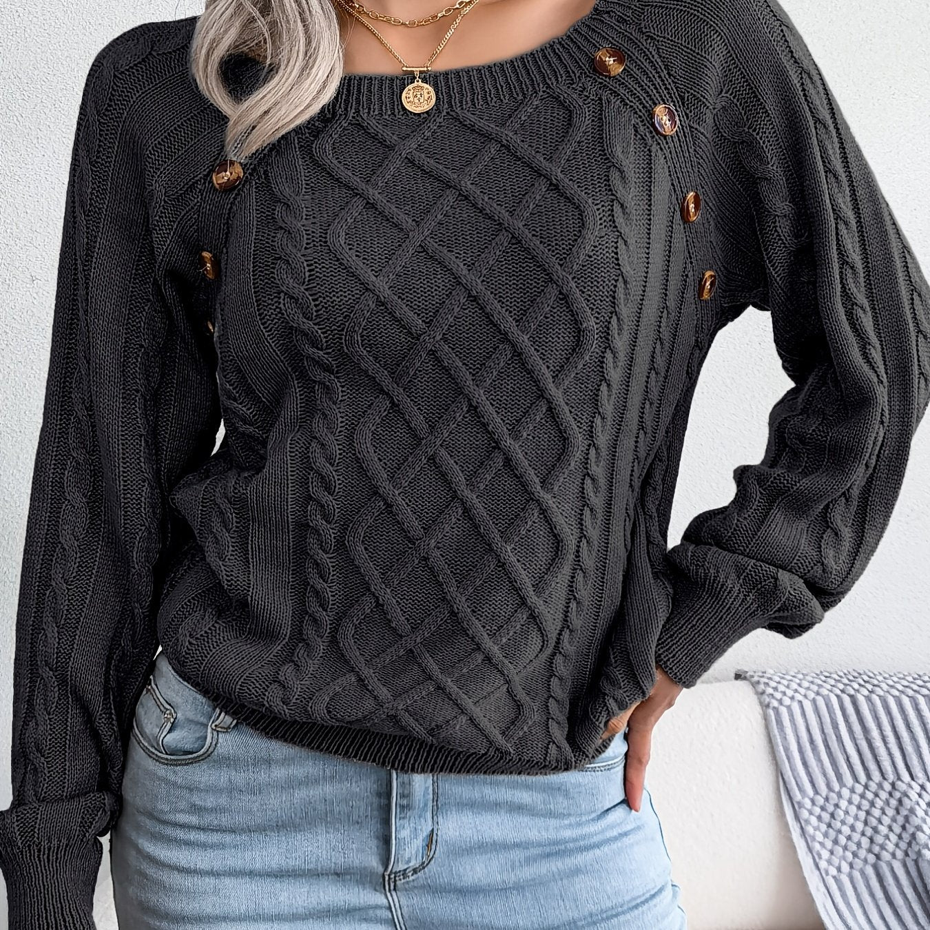 Women's Round Neck Sweater-Texture Button