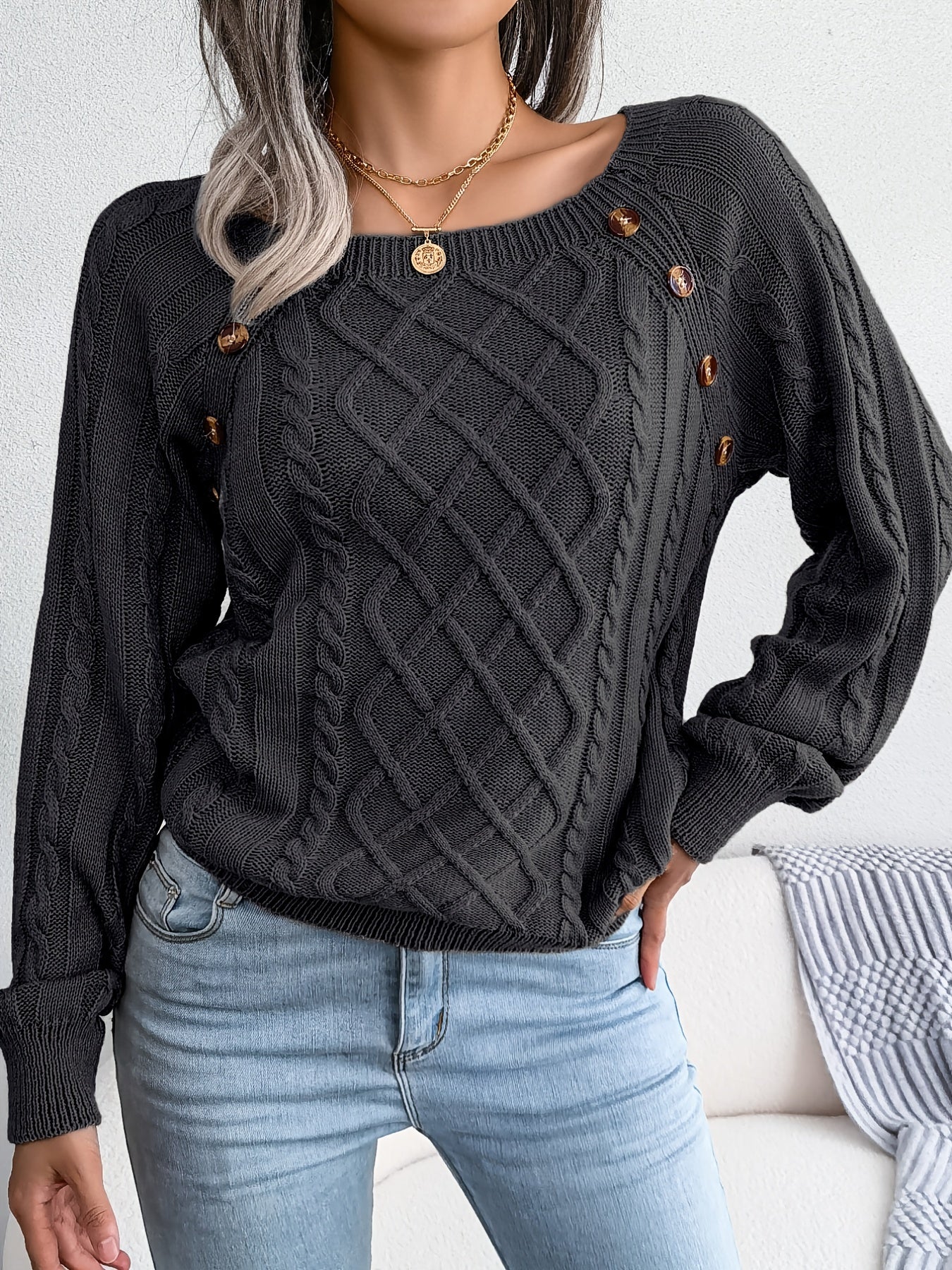 Women's Round Neck Sweater-Texture Button