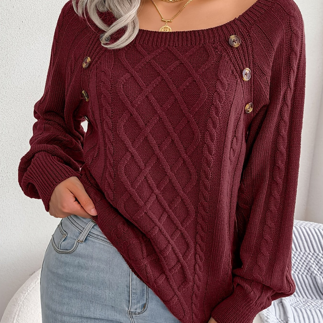 Women's Round Neck Sweater-Texture Button