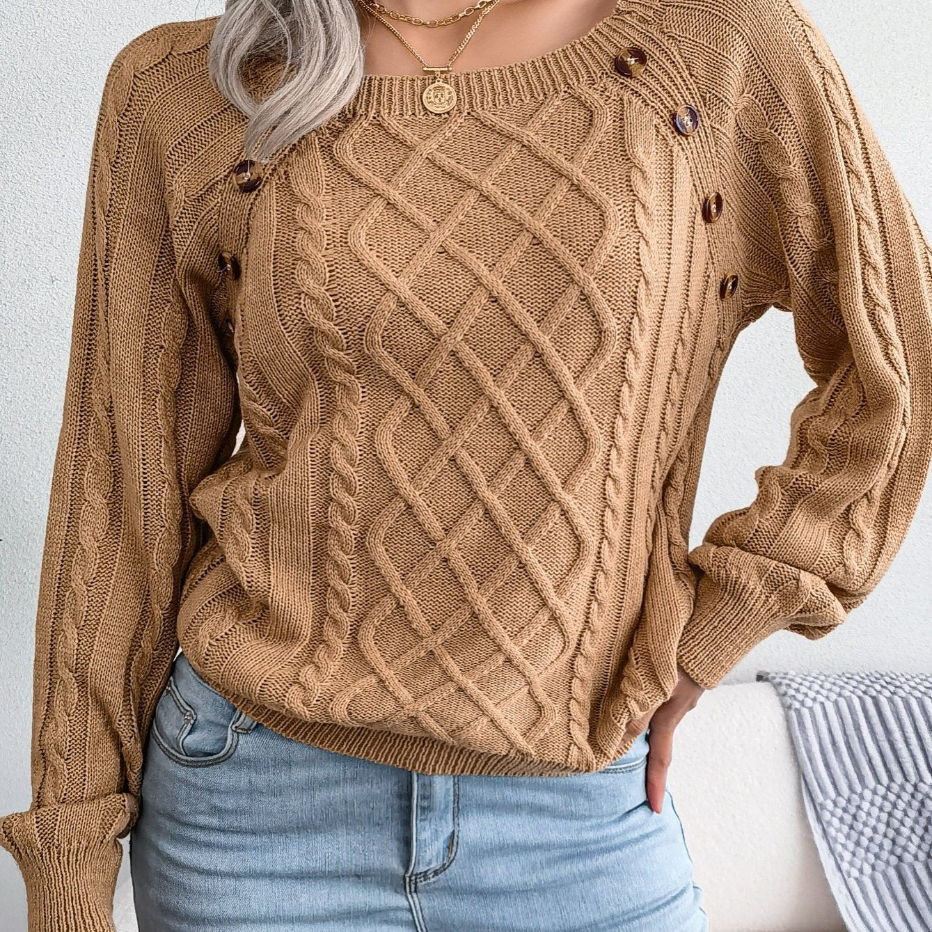 Women's Round Neck Sweater-Texture Button