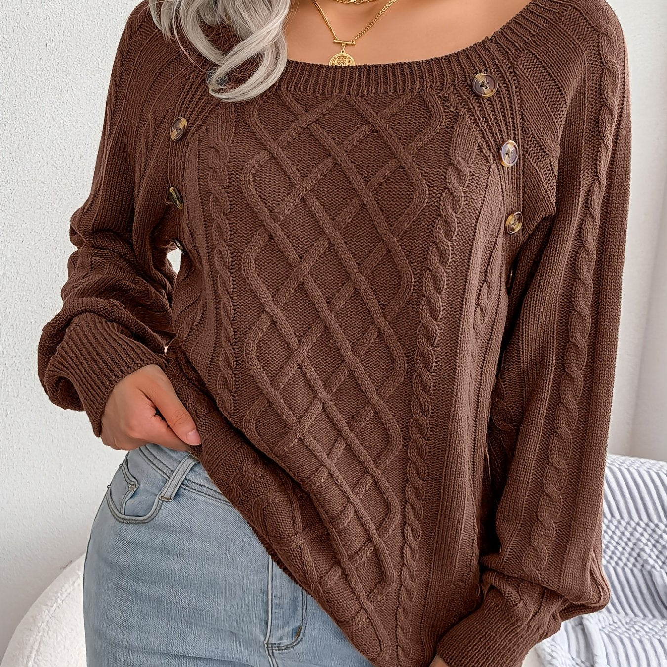 Women's Round Neck Sweater-Texture Button