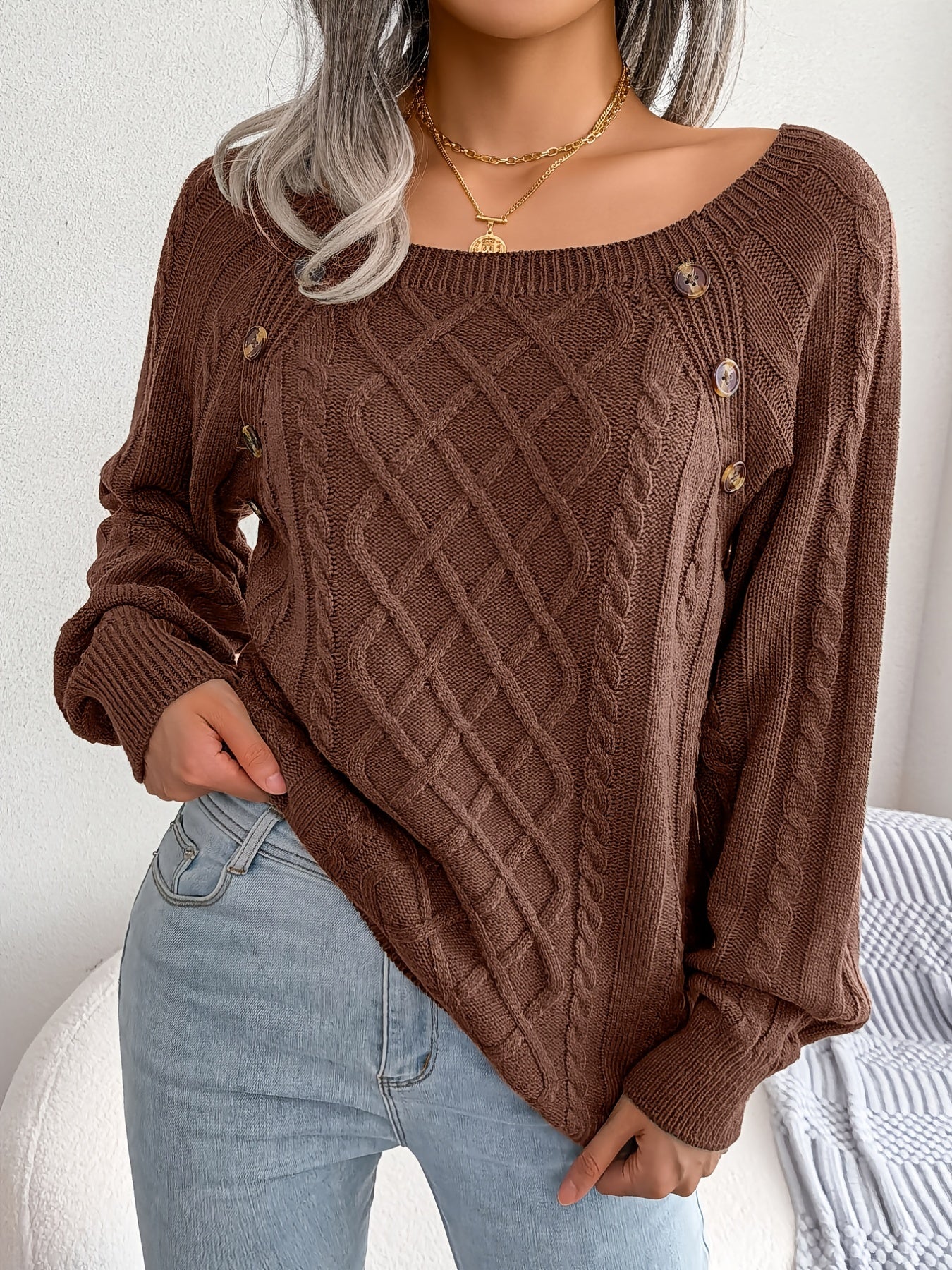 Women's Round Neck Sweater-Texture Button