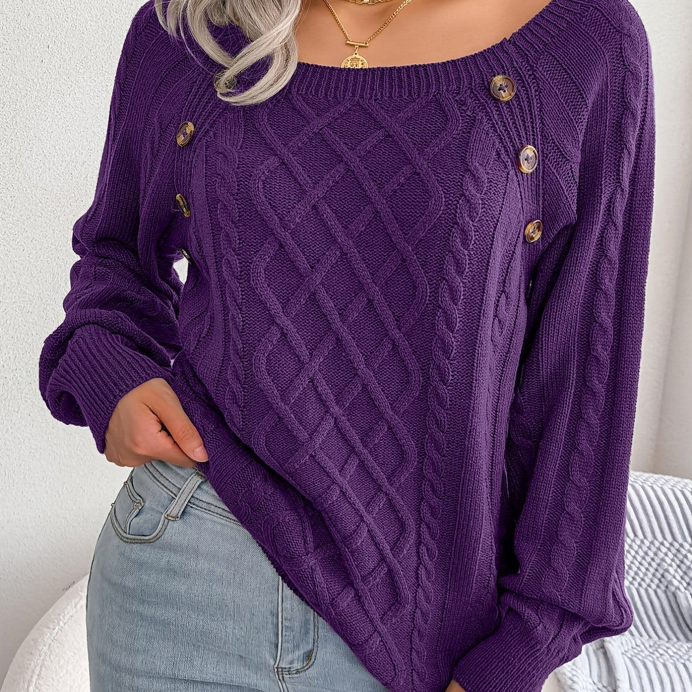 Women's Round Neck Sweater-Texture Button