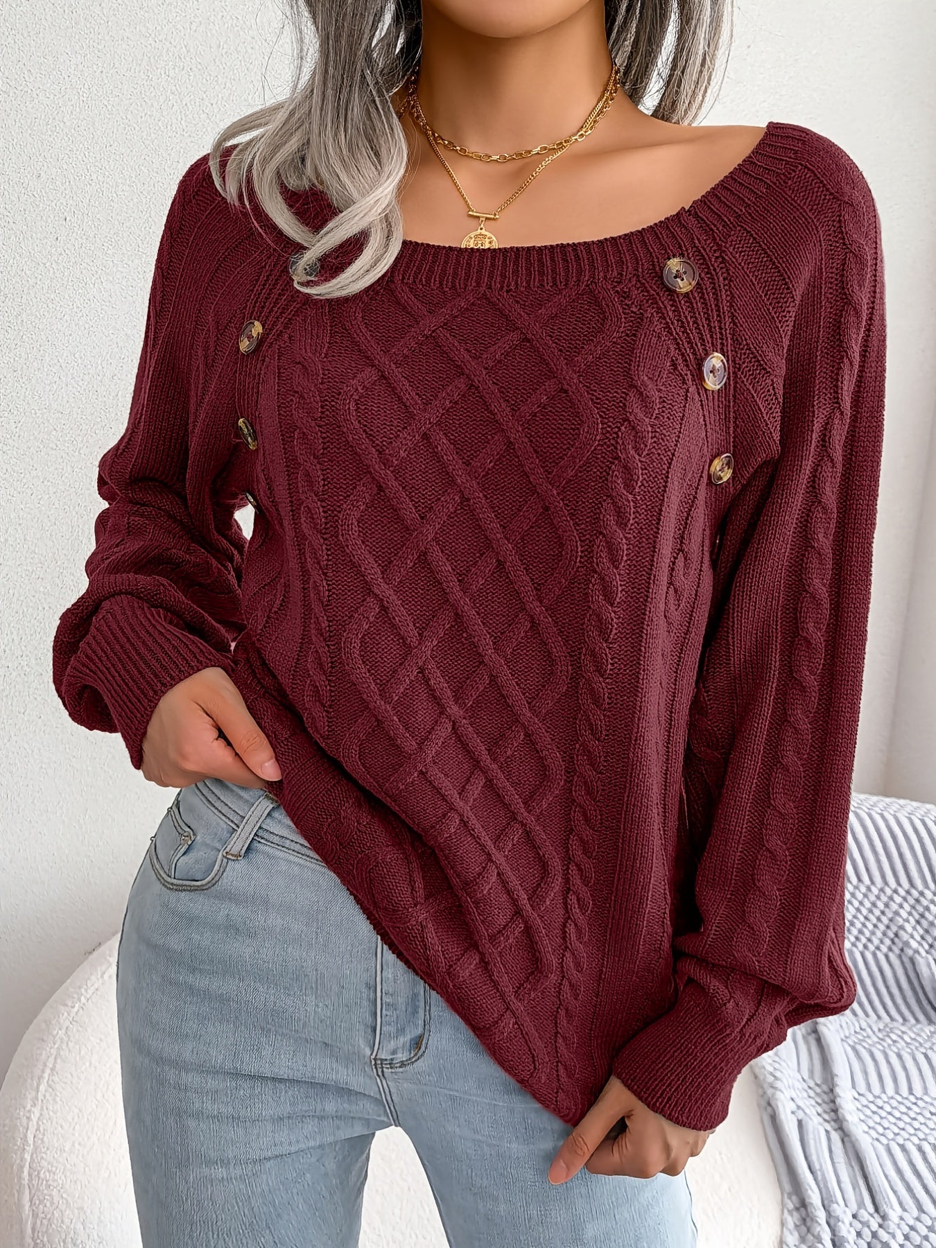 Women's Round Neck Sweater-Texture Button