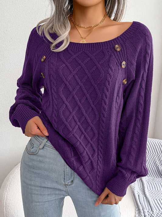 Women's Round Neck Sweater-Texture Button