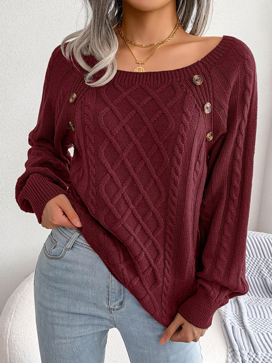 Women's Round Neck Sweater-Texture Button